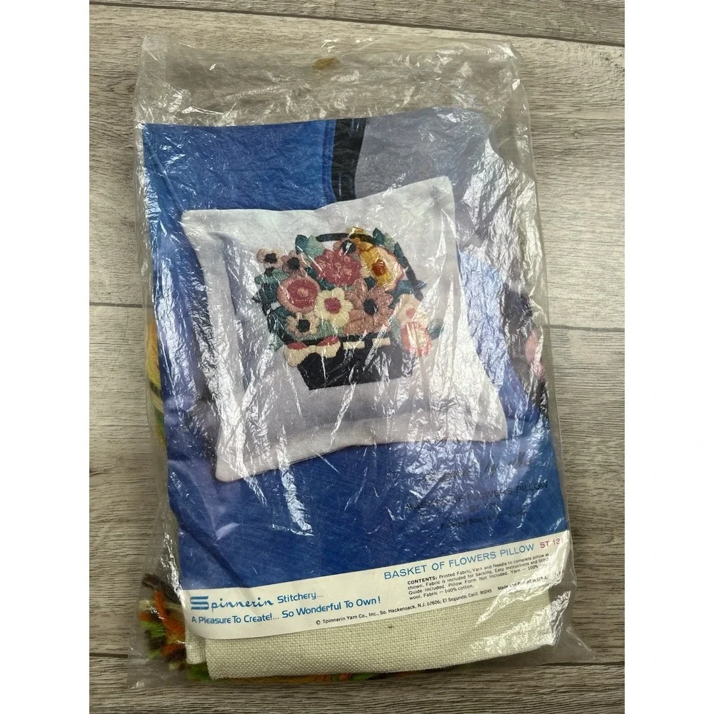 Vintage 70's Spinnerin Crewel Basket of Flowers Pillow Kit Creative Craft ST 131